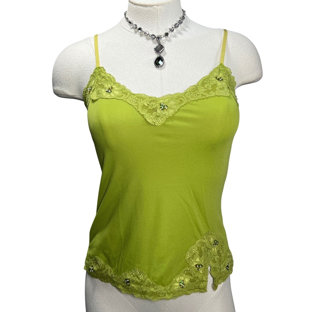 Y2K Sirens Lime Green Lace Trim Beaded Cami Tank Top Women's M Bratz Fairy 2000s